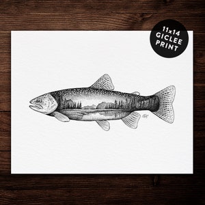 Lake Trout, 11 x 14 Giclee Archival Print, Pen and Ink Print, Fishing and Nature Art, Black and White Vintage, Flyfishing Wall Art