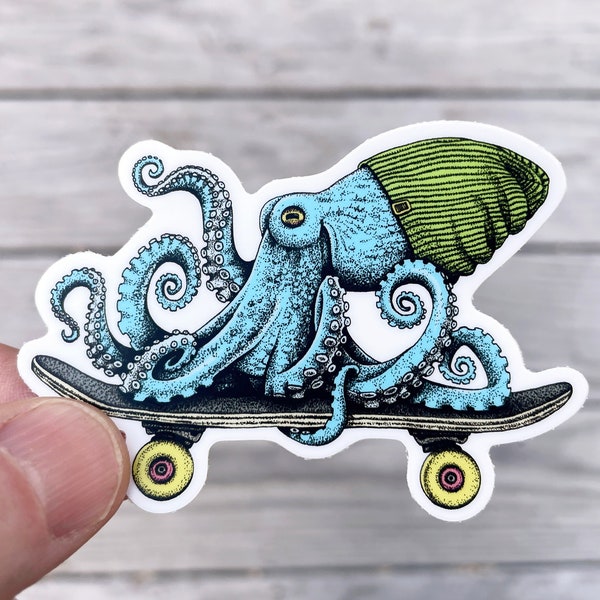Vinylsticker blauwe octopus skateboarden, pen en inktillustratie, grappige dieren- en natuurkunst