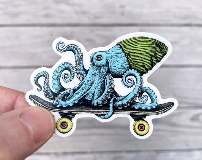 Blue Octopus Skateboarding Vinyl Sticker, Pen and Ink Illustration, Funny Animal and Nature Art