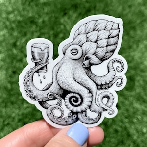 Octopus Drinking Beer Vinyl Sticker, Pen and Ink Illustration, Funny Animal and Nature Art, Brewery
