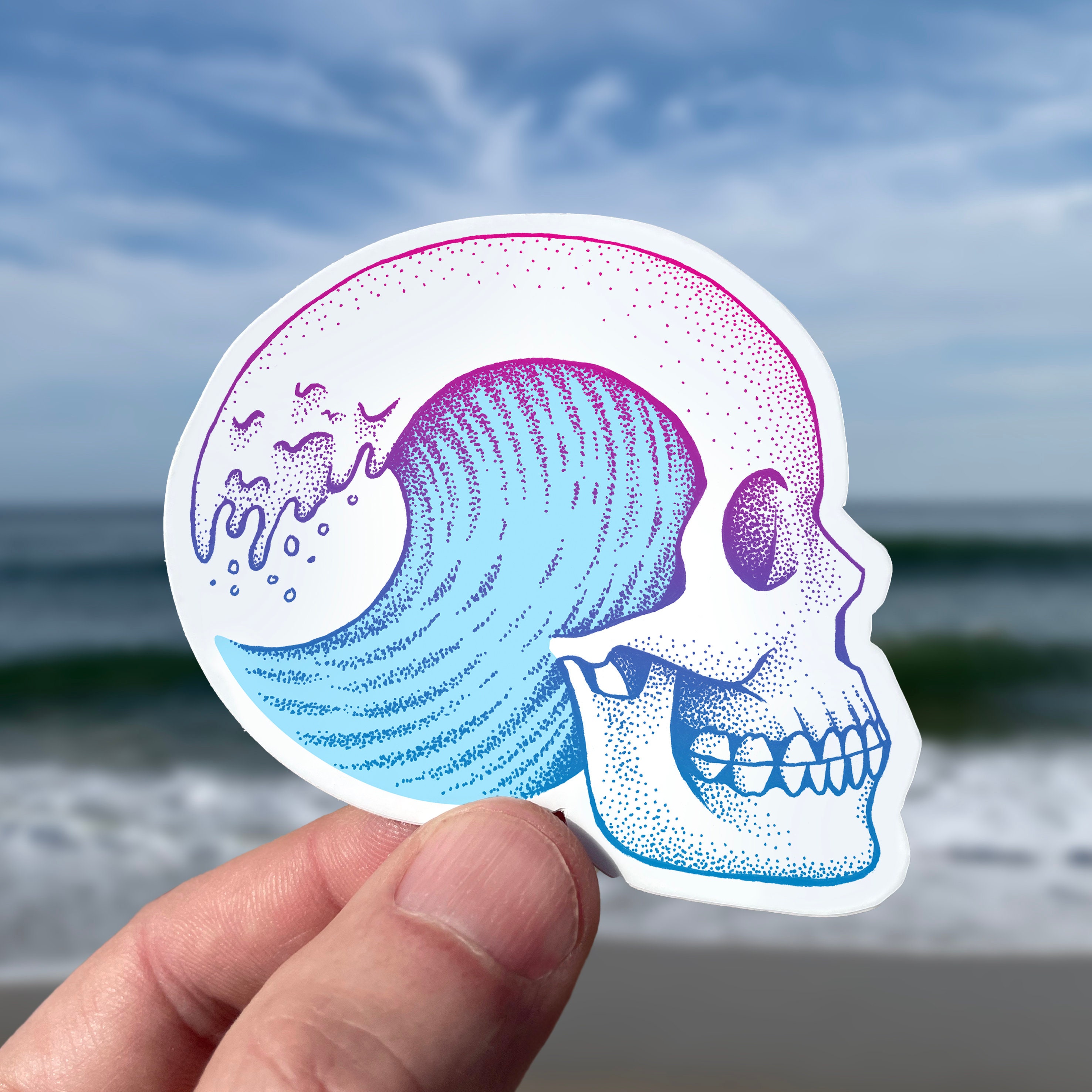 Skull Wave Vinyl Sticker Pen and Ink Illustration Surf