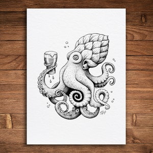 Octopus Drinking Beer Print, Funny Animal Art, Brewery Decor, Quirky Wall Hanging