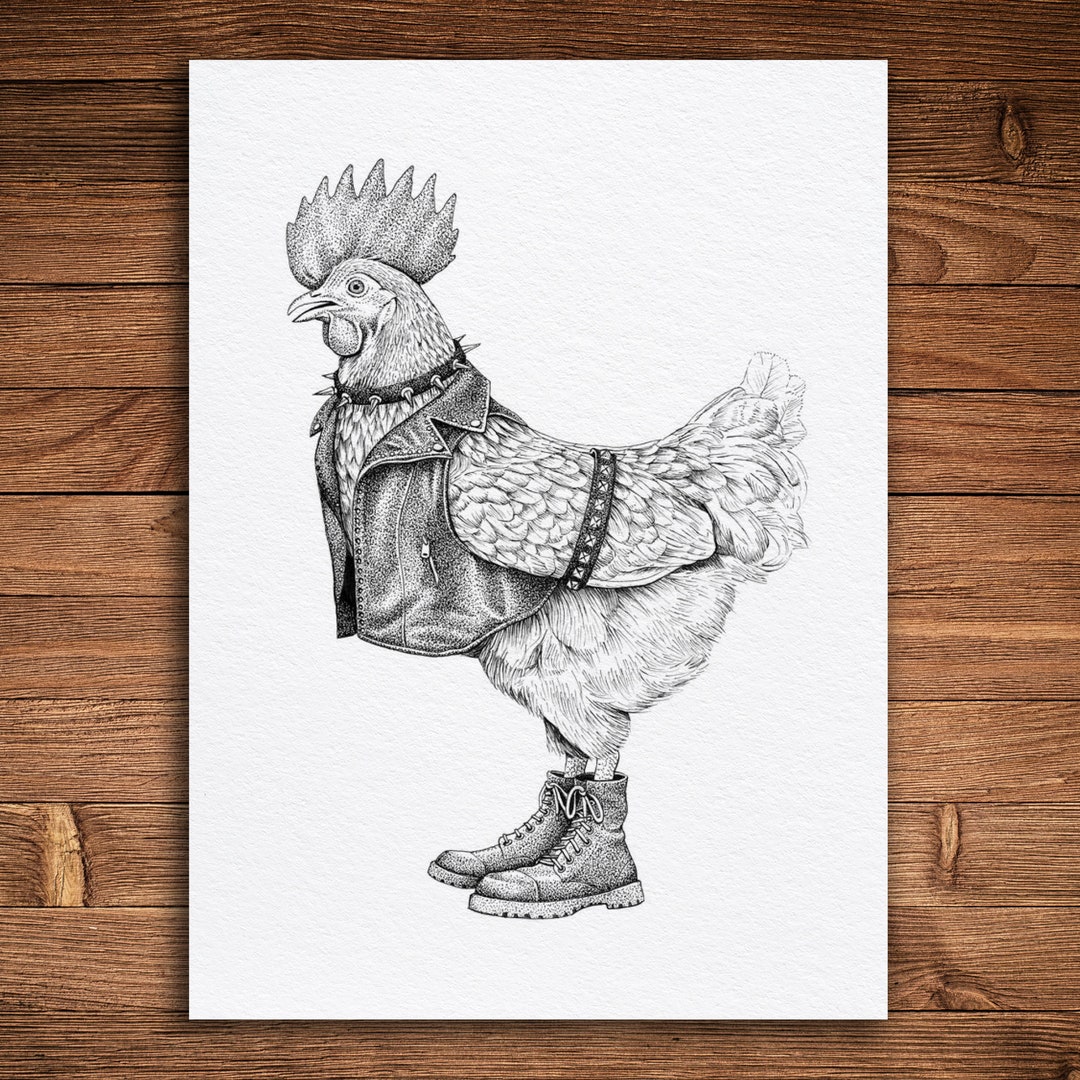 Punk Rock Chicken Print, Biker Jacket, Funny Animal Art - Etsy