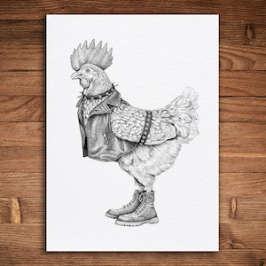 Pollo punk rock, impresión en pluma y tinta, arte divertido de animales y naturaleza, vintage en blanco y negro, chaqueta de motociclista, gallo punk, arte campestre