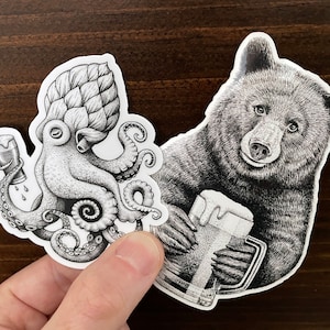 Beer Buddies Vinyl Sticker Pack, Pen and Ink Illustration, Funny Animal and Nature Art, Brewery, Bear and Octopus