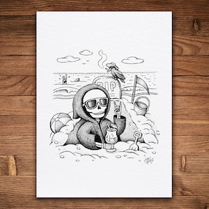 Grim Reaper Beach Vacation, Pen and Ink Print, Black and White, Skull Art, Funny, Black Humor