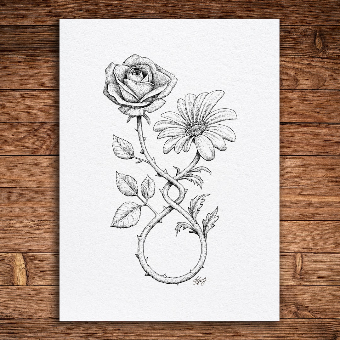 Rose and Daisy Pen & Ink Print, Floral Botanical Art - Etsy