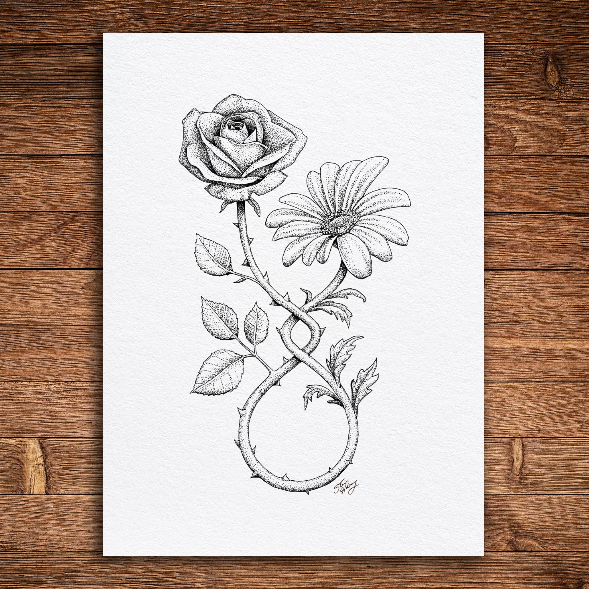 Rose and Daisy Flowers, Pen and Ink Print, Floral and Nature Art, Black and  White Vintage, Botanical Wall Art, Unity