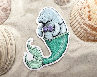 Manatee Mermaid Vinyl Sticker, Pen and Ink Illustration, Funny Animal Art, Cute Drawing
