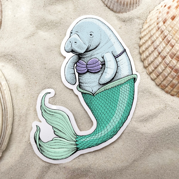 Manatee Mermaid Vinyl Sticker, Pen and Ink Illustration, Funny Animal Art, Cute Drawing