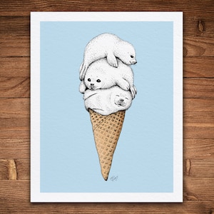 Cono de helado de focas bebé, pluma de color e impresión de tinta, arte divertido de animales y naturaleza, dibujo lindo