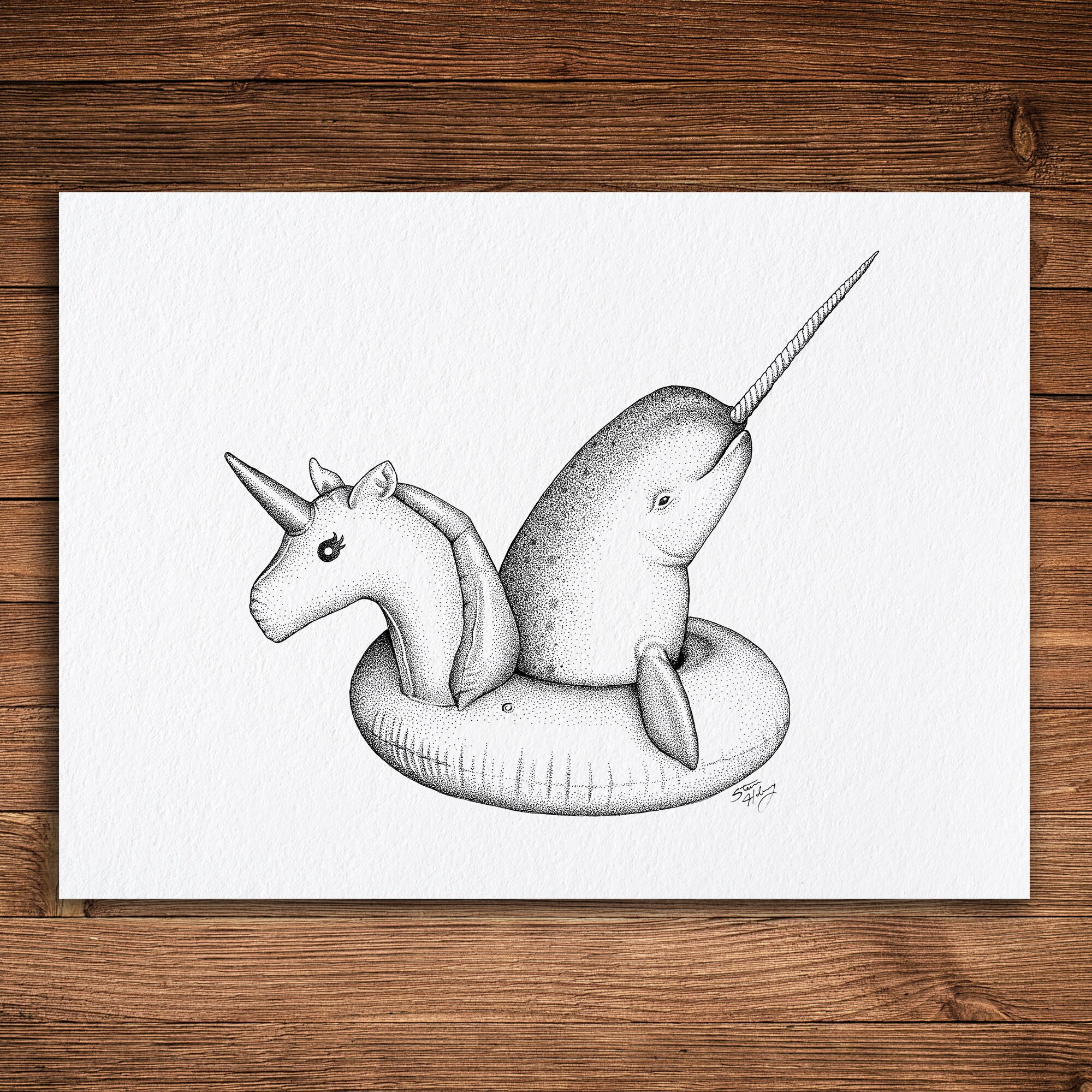 Narwhal Unicorn Float Pen and Ink Print Black and White - Etsy New Zealand