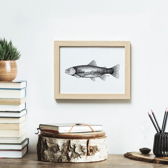 Lake Trout, Pen and Ink Print, Fishing and Nature Art, Black and White  Vintage, Flyfishing Wall Art 