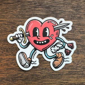Heart Break Vinyl Sticker, Pen and Ink Illustration, Funny Love Art, Stabbed Cartoon Heart