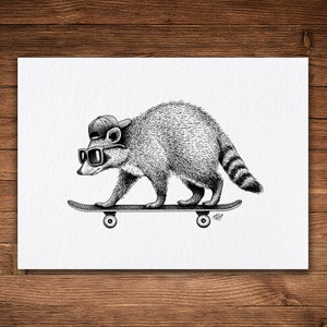 Raccoon Skateboarding, Pen and Ink Print, Funny Animal and Nature Art, Black and White Vintage, Thrash Panda