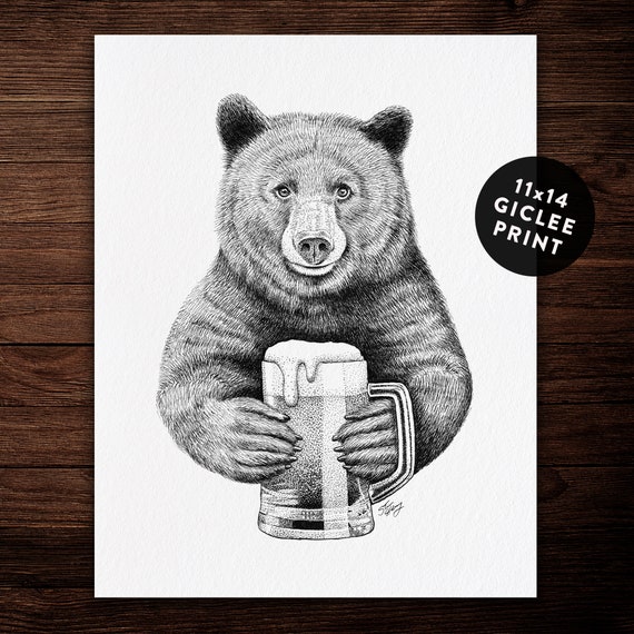 Bear Beer 11 X 14 Giclee Archival Print Pen and Ink Funny - Etsy