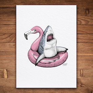 Weißer Hai Druck, Farbversion, Buntstift Illustration, Lustige Tier Wandkunst, Flamingo