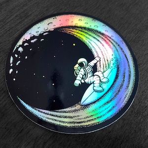Moon Surfer Holographic Vinyl Sticker, Pen and Ink Illustration, Space Art, Astronaut