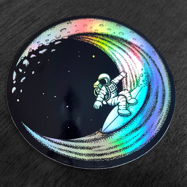 Moon Surfer Holographic Vinyl Sticker, Pen and Ink Illustration, Space Art, Astronaut