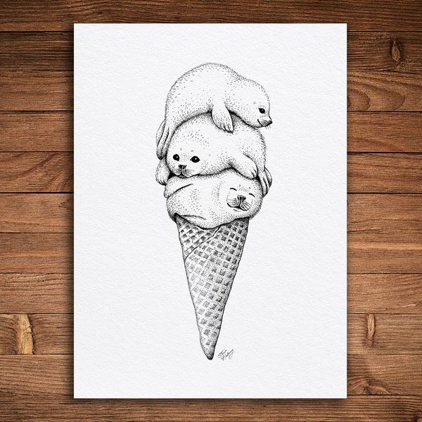 Baby Seals Ice Cream Cone, Pen and Ink Print, Funny Animal and Nature Art, Black and White Vintage, Cute Drawing