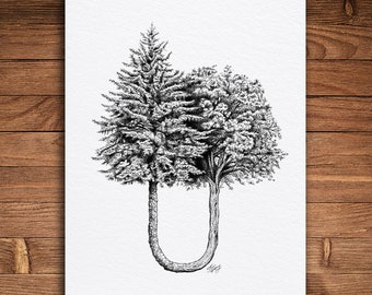 Forest Trees United Art, Pen and Ink Print, Whimsical Nature Art, Black and White Vintage, Tree Wall Art, Unity