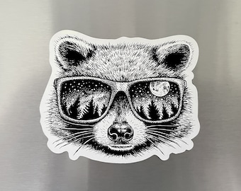 Raccoon Sunglasses Magnet, Pen and Ink Illustration, Funny Animal and Nature Art, Moon, Vinyl Magnet