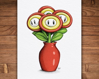 Video Game Flower Vase, Color Version, Pen and Ink Print, Funny Animal and Nature Art, 80s Video Game
