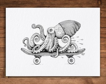 Skateboarding Octopus, Pen and Ink Print, Funny Animal and Nature Art, Black and White Vintage