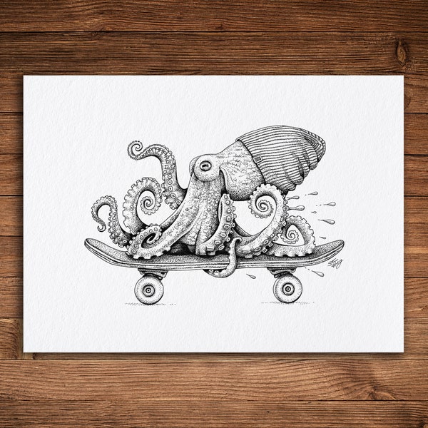 Skateboarding Octopus, Pen and Ink Print, Funny Animal and Nature Art, Black and White Vintage