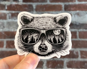 Raccoon Sunglasses Vinyl Sticker, Pen and Ink Illustration, Funny Animal and Nature Art, Moon