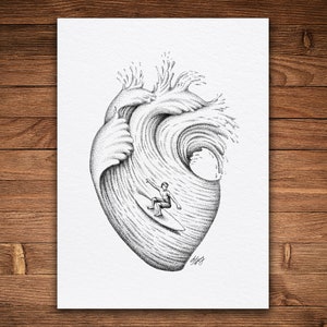 Surfing Love: Heart Ocean Wave Print, Black and White Nature Art, Whimsical Beach Decor, Vintage Surfer Gift