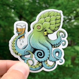Octopus Drinking Beer Color Vinyl Sticker, Pen and Ink Illustration, Funny Animal and Nature Art, Brewery