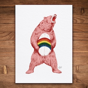 Rainbow Care Bear, Color Version, Pen and Ink Print, Funny Animal and Nature Art, 80s Cartoon