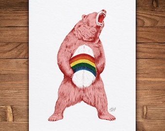 Impresión de oso animador arcoíris, divertido arte con pluma y tinta