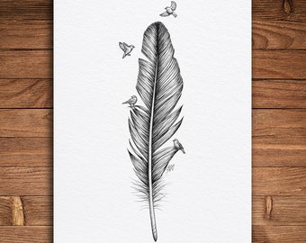 Sparrow and Feather Pen & Ink Print, Black and White Nature Art