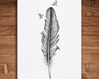 Pájaros de una pluma, pluma y tinta impresa, arte de la naturaleza, vintage en blanco y negro, arte de pared