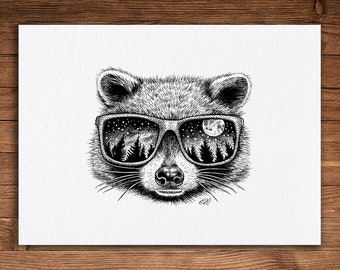 Cool Raccoon Sunglasses Print, Pen and Ink, Funny Animal Artwork