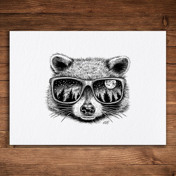 Cool Raccoon Sunglasses Print, Pen and Ink, Funny Animal Artwork