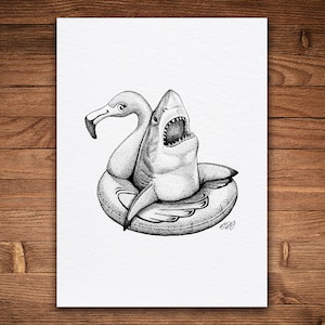 Great White Shark Print, Pen and Ink Illustration, Funny Animal Wall Art, Flamingo