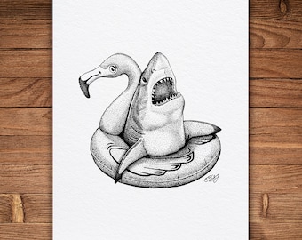 Great White Shark Print, Pen and Ink Illustration, Funny Animal Wall Art, Flamingo