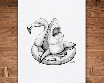 Funny Shark Art Print, Flamingo Float, Pen and Ink Illustration