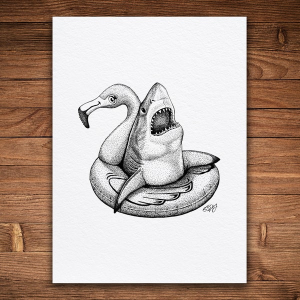 Great White Shark Print, Pen and Ink Illustration, Funny Animal Wall Art, Flamingo