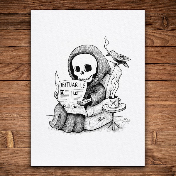 Grim Reaper Reading, Pen and Ink Print, Black and White, Skull Art, Funny, Spooky Cute, Gothic, Macabre, Black Humor