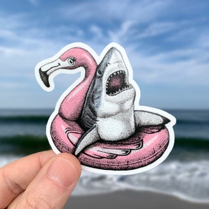 Great White Shark Vinyl Sticker, Pen and Ink Illustration, Funny Animal Art, Flamingo