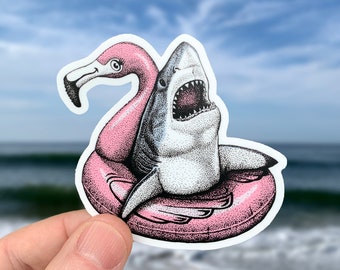 Great White Shark Vinyl Sticker, Funny Flamingo Float Art
