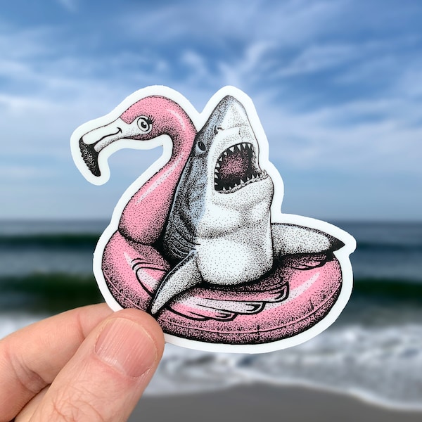 Toller Weißer Hai Vinyl Sticker, Stift und Tinte Illustration, Lustige Tierkunst, Flamingo
