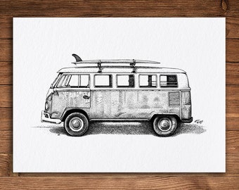 Beach Van, Pen and Ink Print, Black and White Vintage Art, Beach Wall Art, Surfing