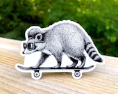 Raccoon Skateboarding Vinyl Sticker, Pen and Ink Illustration, Funny Animal and Nature Art, Black and White