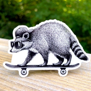 Raccoon Skateboarding Vinyl Sticker, Pen and Ink Illustration, Funny Animal and Nature Art, Black and White