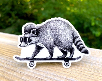 Raccoon Skateboarding Vinyl Sticker, Pen and Ink Illustration, Funny Animal and Nature Art, Black and White